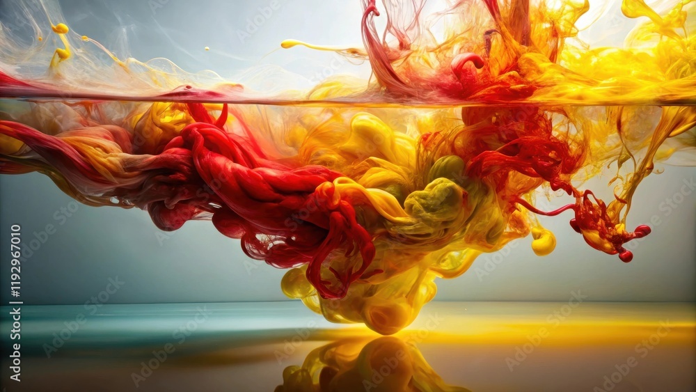 Poster abstract swirling colors in liquid, a vibrant mix of red and yellow hues creating a dynamic underwat