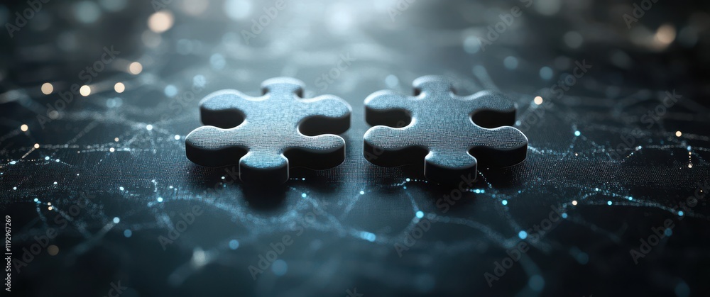 Poster close-up view of two interlocking puzzle pieces on a dark background with soft focus and light parti