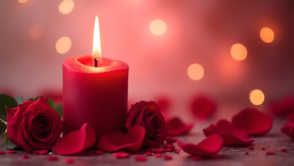Red Romantic Candle In style of High-resolution Photograph For Background Use Surrounded by Delicate Rose Petals in Soft-focus Technique