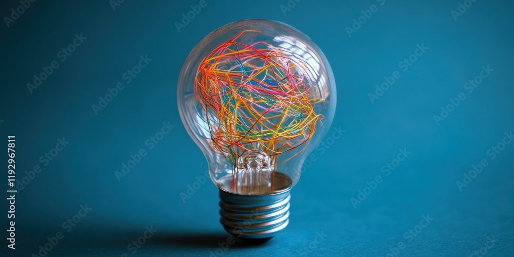Poster colorful abstract light bulb with bright strings of tangled wire inside, conceptual representation o