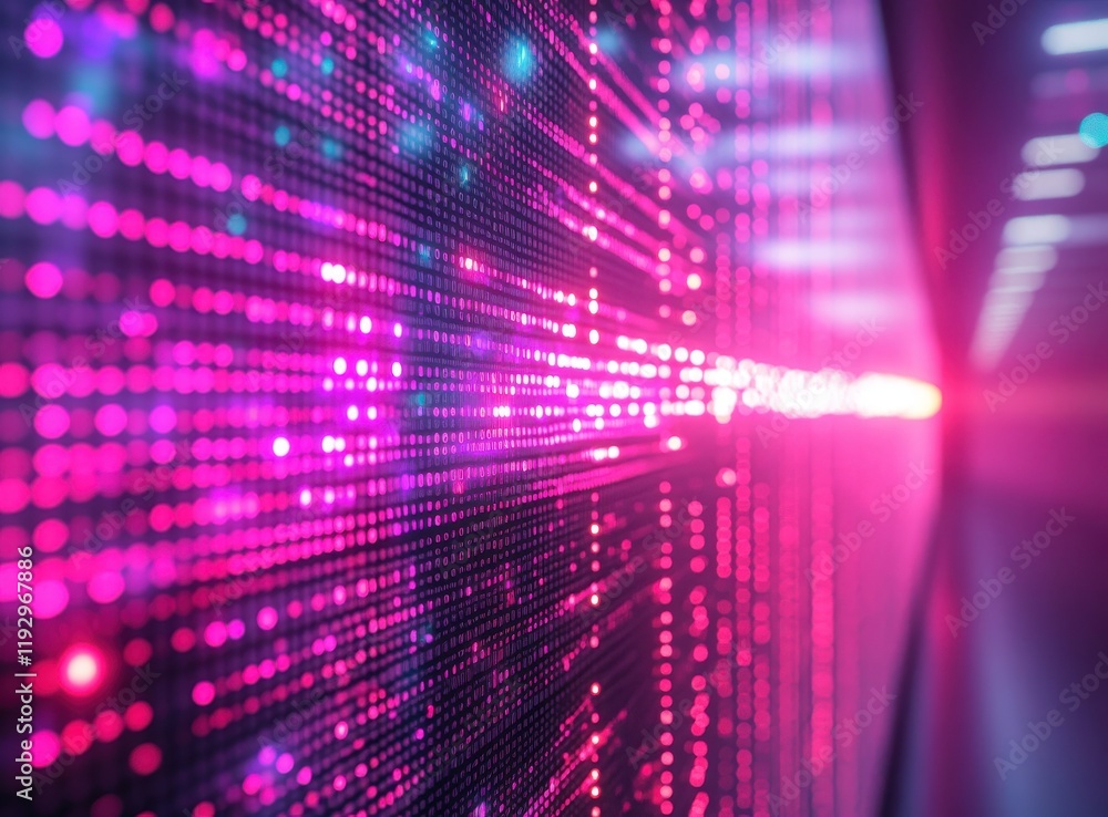 Poster colorful abstract digital background featuring flowing light patterns and vivid neon dots creating a
