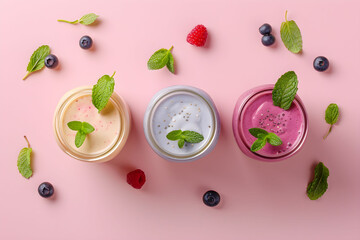 Three smoothies in Mason jars with raspberries, blueberries, banana and mint on a pink background
