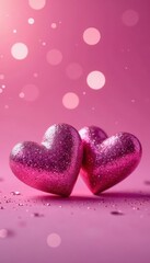 Obraz premium Close-up of two pink glitter hearts, dazzling bokeh backdrop , valentines, celebratory