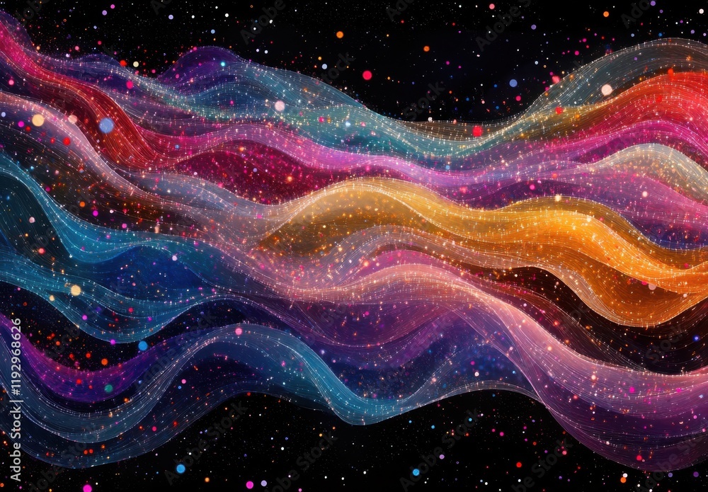 Poster colorful abstract waves with stars in a cosmic background, flowing energetic patterns creating a sen