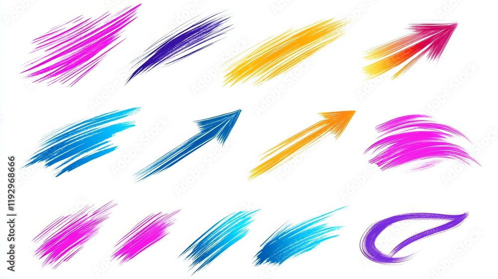 Poster a colorful vector set of abstract arrow brush line strokes includes kidlike painted squares spirals 