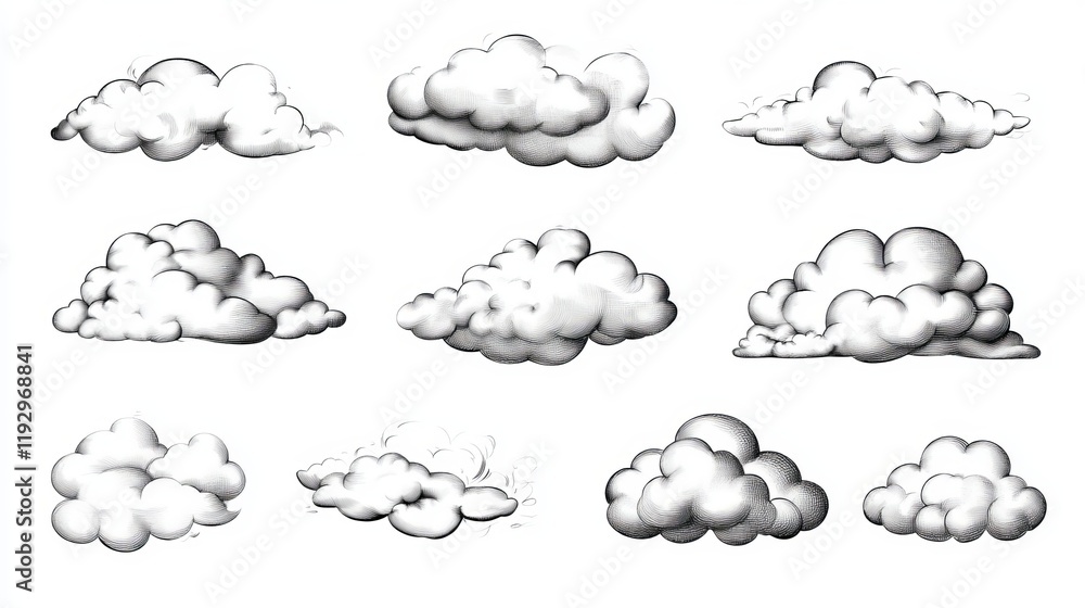 Aufkleber a collection of vintagestyle handdrawn clouds isolated on a white background retro and cartooninspir