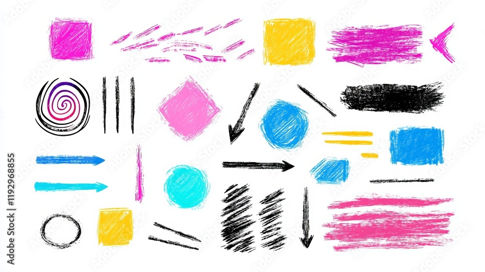 Poster a colorful vector set of abstract arrow brush line strokes includes kidlike painted squares spirals 
