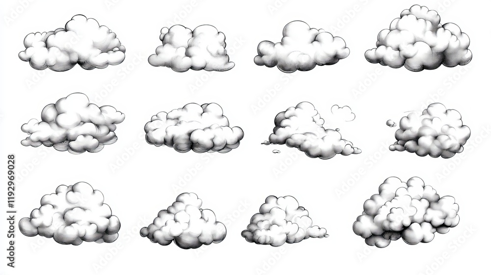 Aufkleber a collection of vintagestyle handdrawn clouds isolated on a white background retro and cartooninspir