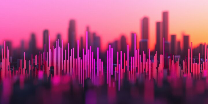 A vibrant city skyline with a colorful audio waveform overlay, blending urban and musical elements in a visually striking composition.