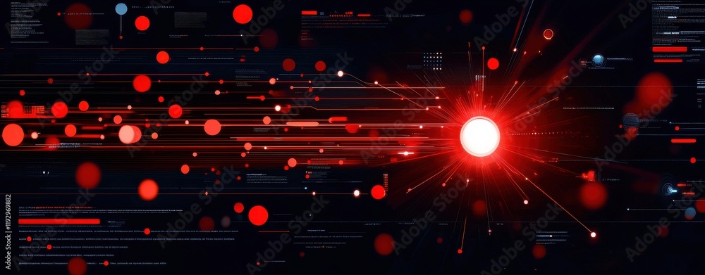 Poster a vibrant digital visualization featuring red lights and lines, representing data flow or energy in 