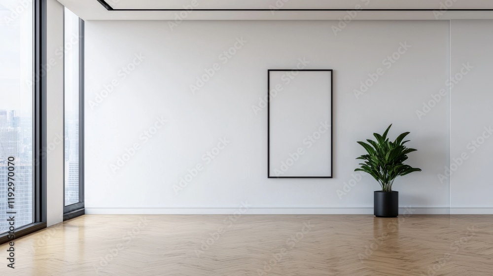 Poster empty modern office with large windows showing a cityscape