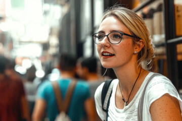 A woman wearing glasses