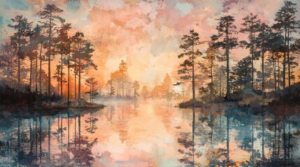 Obraz premium Tranquil sunrise reflections serene lake digital art natural landscape aesthetic view nature art fusion