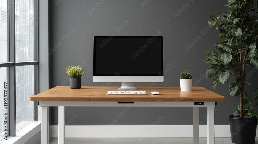 Aufkleber Modern office setup promoting seamless and productive workflow with computer and keyboard on wooden desk