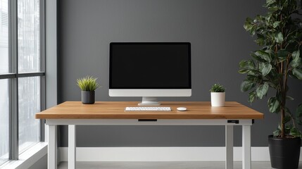 Modern office setup promoting seamless and productive workflow with computer and keyboard on wooden desk