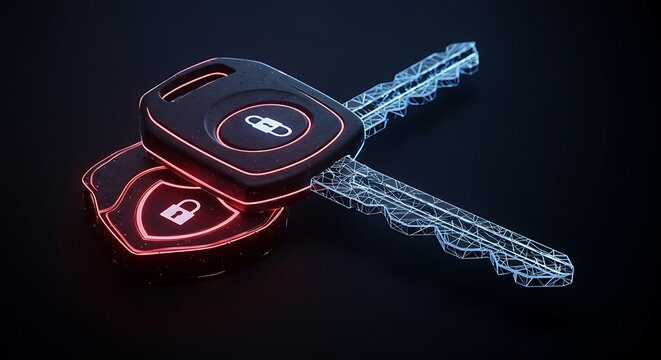 Futuristic smart key with digital security and protection.  Unlocking technology.