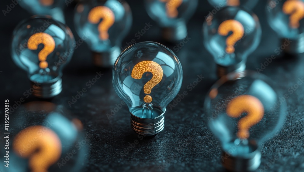 Poster conceptual image of glowing light bulbs with question marks symbolizing curiosity, questions, proble