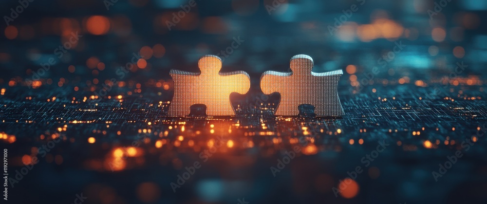 Poster conceptual image of two glowing puzzle pieces on a digital background, symbolizing connection, probl