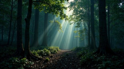Obraz premium rays of light pass through the dense green forest