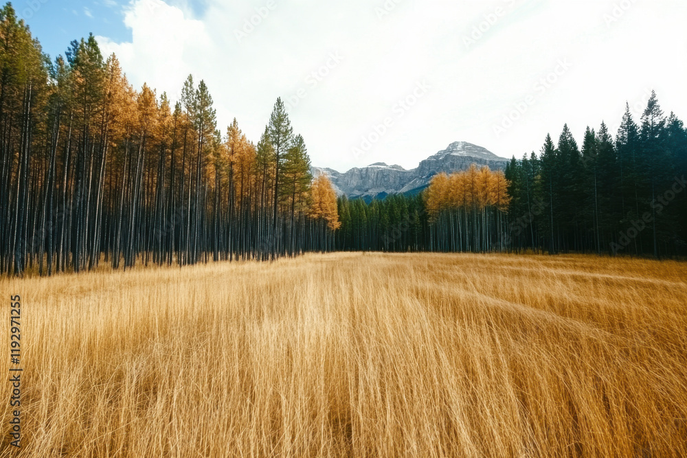 Poster a field of tall grass with trees in the background