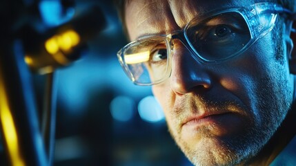 Close up portrait of a focused industrial worker wearing safety glasses, operating complex machinery in a factory, emphasizing safety and precision in industrial tasks
