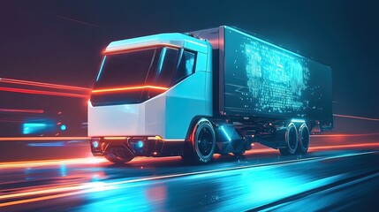 Futuristic electric semi-truck speeding on highway at night, data visualization on trailer.