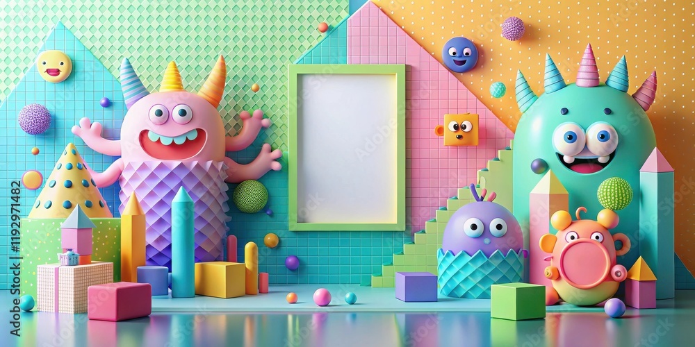 Aufkleber playful monster scene with blank frame for text or image