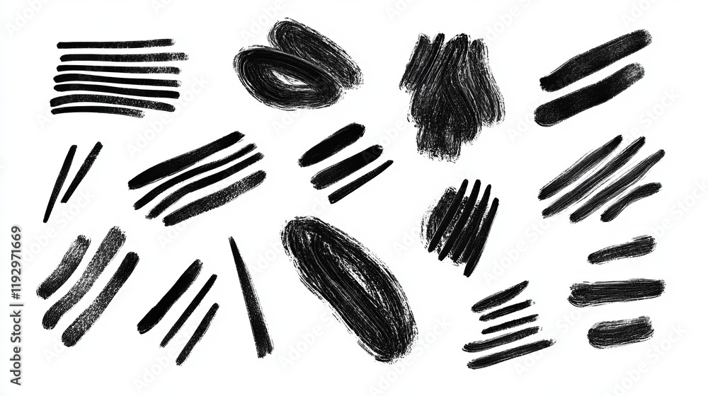Poster charcoalstyle zigzag lines and bold scribbles in various shapes a collection of pen scratches graffi