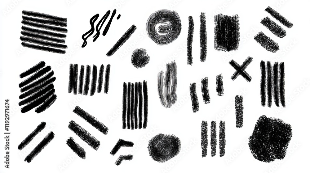 Poster charcoalstyle zigzag lines and bold scribbles in various shapes a collection of pen scratches graffi