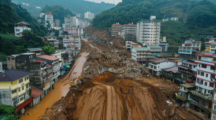 Landslide natural disaster. Hard damage to houses and apartment balanced on the edge of a sinkhole caused by landslip by heavy flooding and rains to unstable soil. Many victims.44