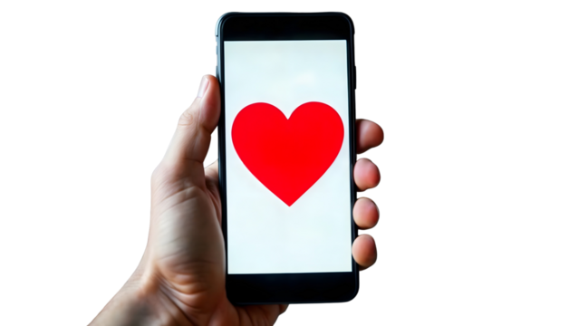hand holding a phone with a red heart