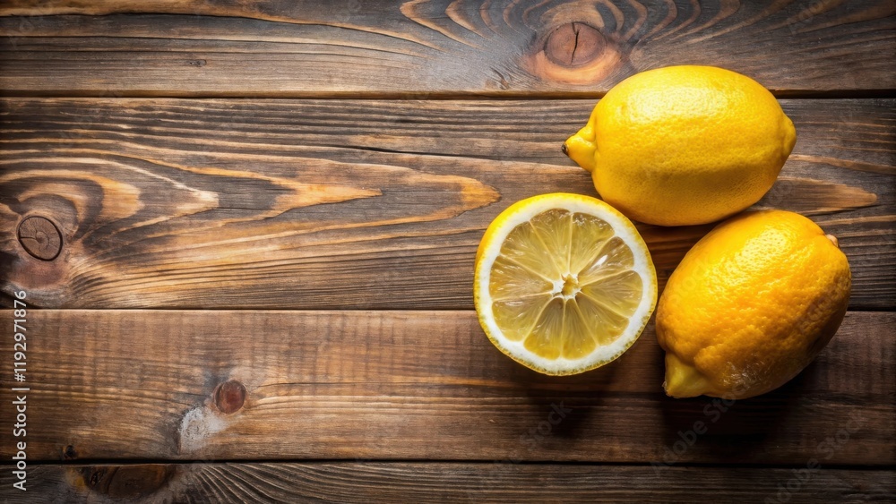 Poster rustic wooden background with two whole lemons and one lemon half