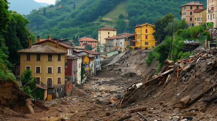 Landslide natural disaster. Hard damage to houses and apartment balanced on the edge of a sinkhole caused by landslip by heavy flooding and rains to unstable soil. Many victims.