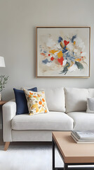 "Vibrant Vintage Elegance: Framed Art in an American Living Room"