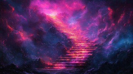 Fototapeta premium Glowing stairs ascending into a vibrant, nebular sky.