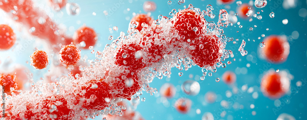 Poster high resolution image of molecular structure with red spheres and bubbles, showcasing intricate deta