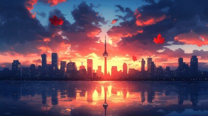 Majestic Sunset Over a City Skyline with Silhouetted Buildings, Clouds, and Reflections in Water, Enhanced by Red Maple Leaves Floating in the Air