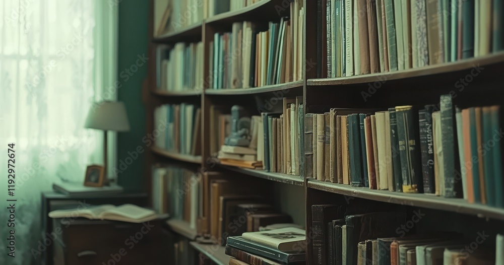 Poster cozy reading nook with book-laden shelves and gentle light filtering through sheer curtains in a tra