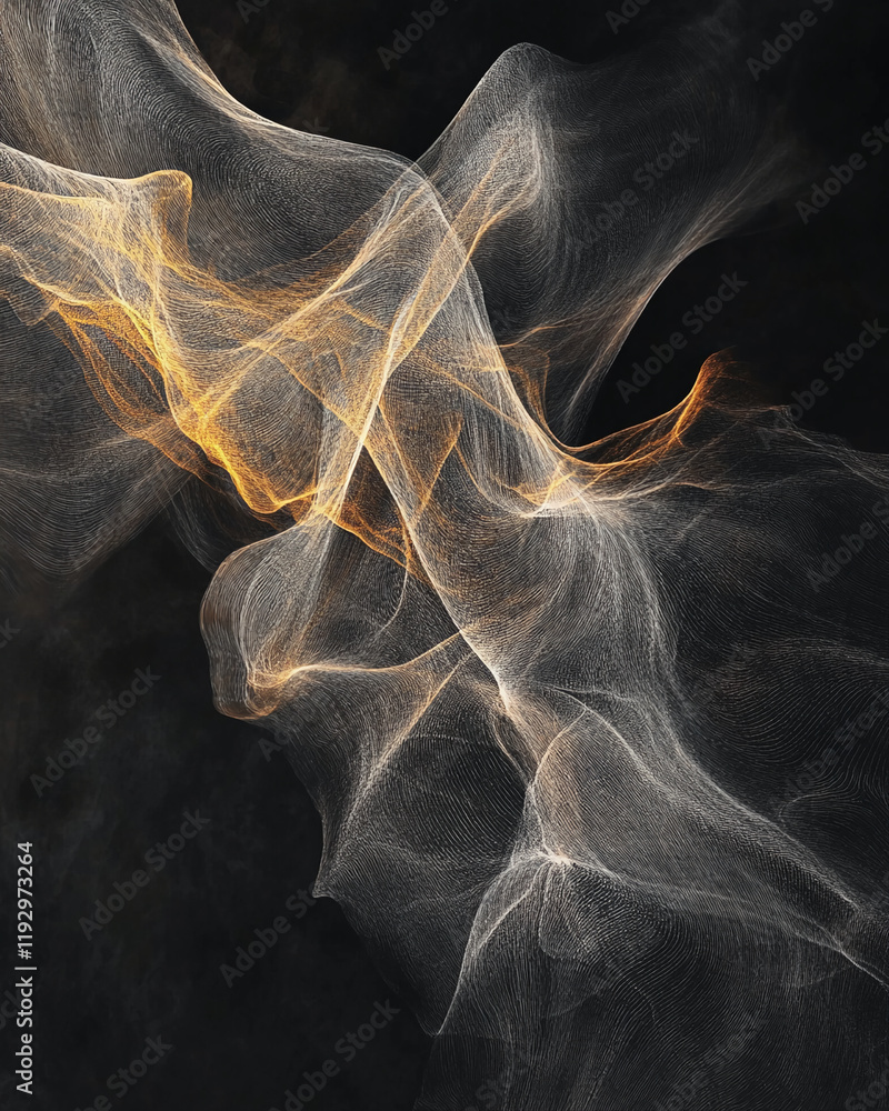 Poster abstract light waves on dark background with flowing golden and white lines