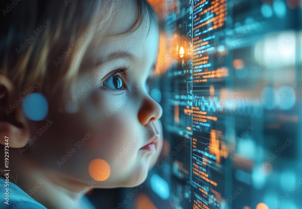 Poster curious child gazing at futuristic digital display with vibrant bright colors and abstract code repr