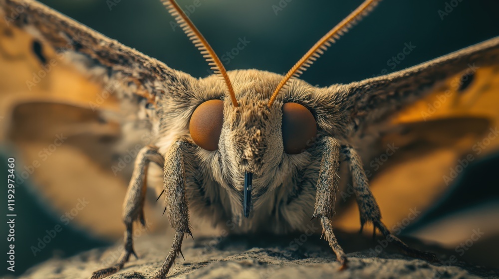 Poster a detailed macro shot of a moth's face with its antennae and intricate wing patterns visible