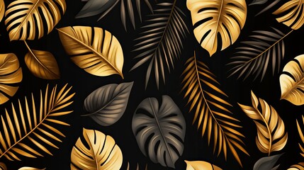 Luxurious golden tropical leaves in a monochrome seamless pattern Features exotic leaf line art with watercolor silhouettes on a black background ideal for textiles and wallpapers