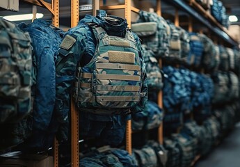A photo of military hanging on shelves in a warehouse, blue and green camouflage uniforms with plate carrier equipment.