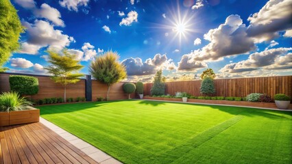 Fototapeta premium Serene Backyard Oasis Lush Green Lawn, Wooden Fence, and Vibrant Greenery Under a Sunny Sky