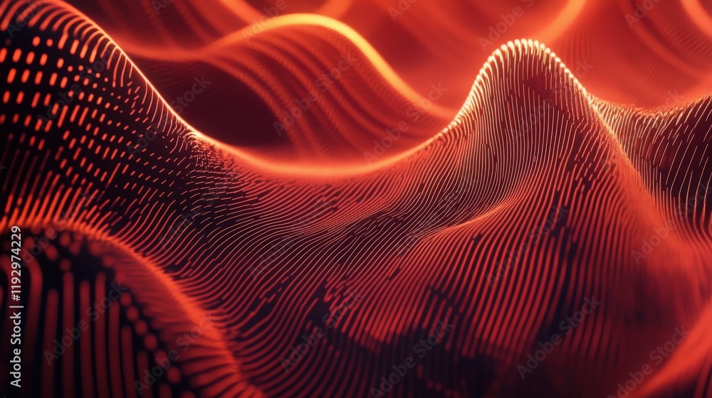 Poster abstract wavy lines in red color form a captivating digital landscape