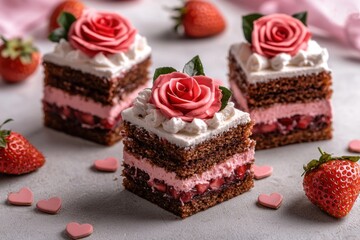 Valentine desserts. Delicious layered cake with roses and strawberries on a table.