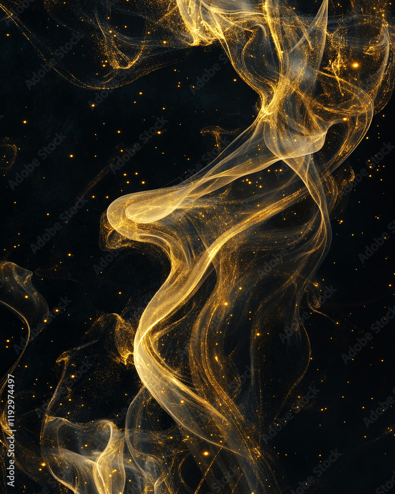 Aufkleber golden and white abstract smoky waves with glowing particles on black background