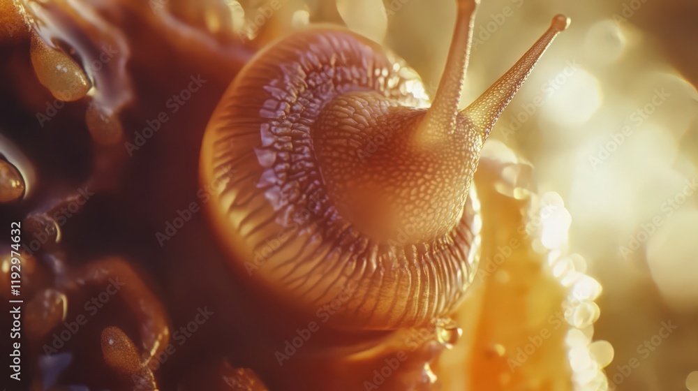Poster close up image of snail's head with bokeh light around it and water drops
