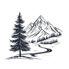 Obraz premium A simple vector line drawing of mountains and trees, with snow on the ground, white background