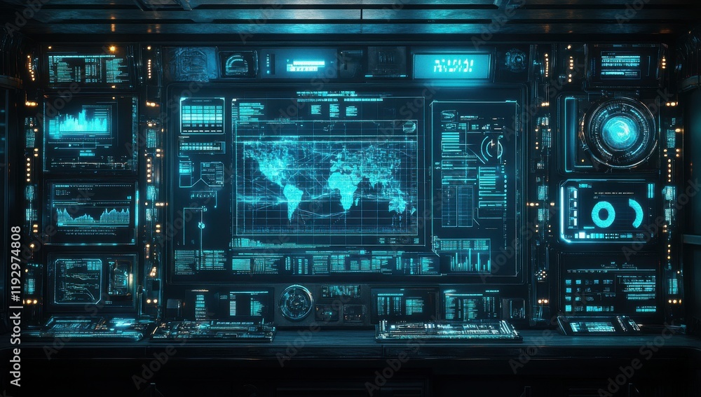Aufkleber detailed futuristic control room displaying global map and data analytics with high-tech interfaces 